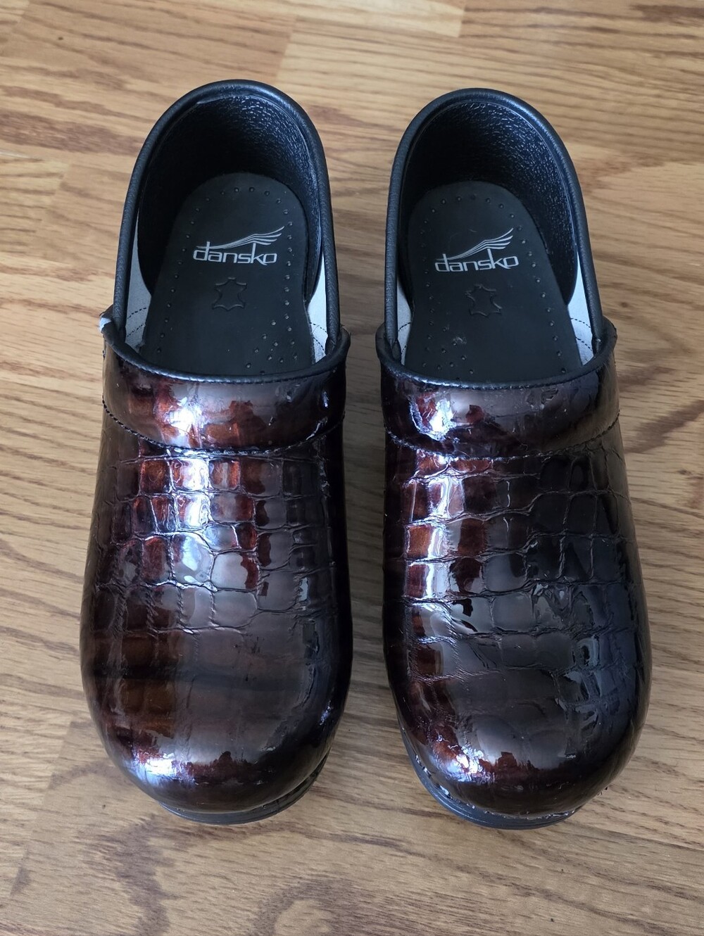 Dansko Brown Croc-Embossed Patent Leather Clogs 38